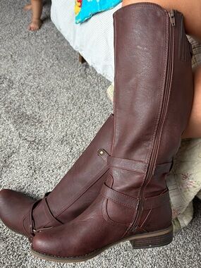 G by Guess Brown Knee-High Heeled Boots with Strap Detail